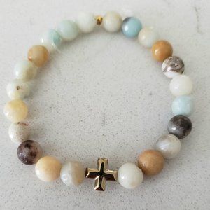 Beaded Black Gold Amazonite Stretch Bracelet with Gold Cross